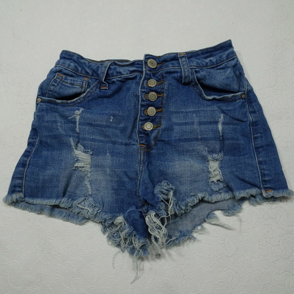 I & M Jeans Size Small Ariana Frayed Distressed Button Fly Denim Jean Sh…